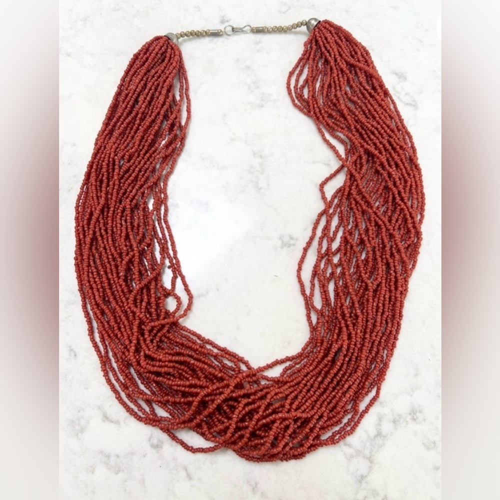 Vintage Red Coral Glass Beads Multi Strand Beaded Necklace